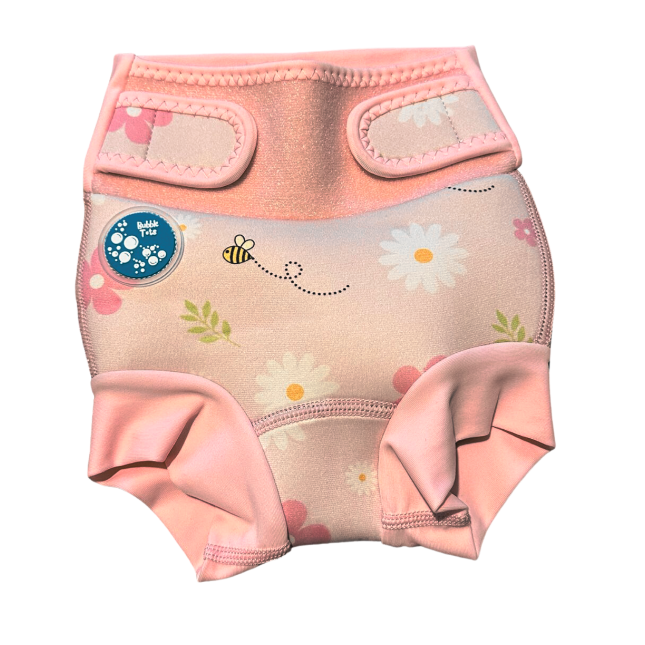 Bubble Tots Go Anywhere Swim Nappy Pink Flowers and Bees Spring Design An image of the Bubble Tots Go Anywhere Swim Nappy in Pink Flowers and Bees Spring design. The design features playful Bees and Flowers. 