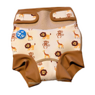 Bubble Tots Go Anywhere Swim Nappy Safari Animals Design An image of the Bubble Tots Go Anywhere Swim Nappy in Yellow Beige Safari Animals design. The design features playful Monkeys, Giraffes and Lions. 